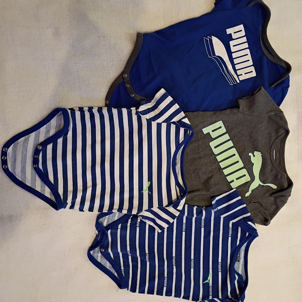 PUMA Baby Lot 4 One-Piece Bodysuits 18M Blue Gray Striped Short Sleeve